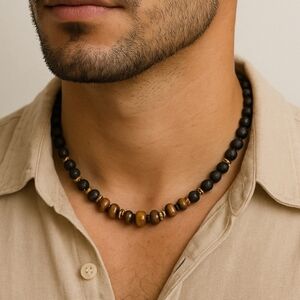 Handmade Men’s Lava Rock & Tiger’s Eye Choker Necklace, Grounding, Protection